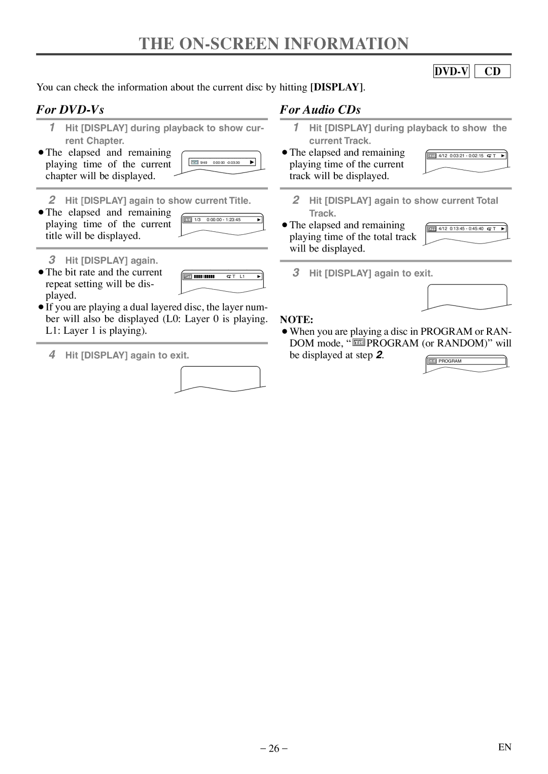 Emerson EWC20D5 A owner manual ON-SCREEN Information, For DVD-Vs 