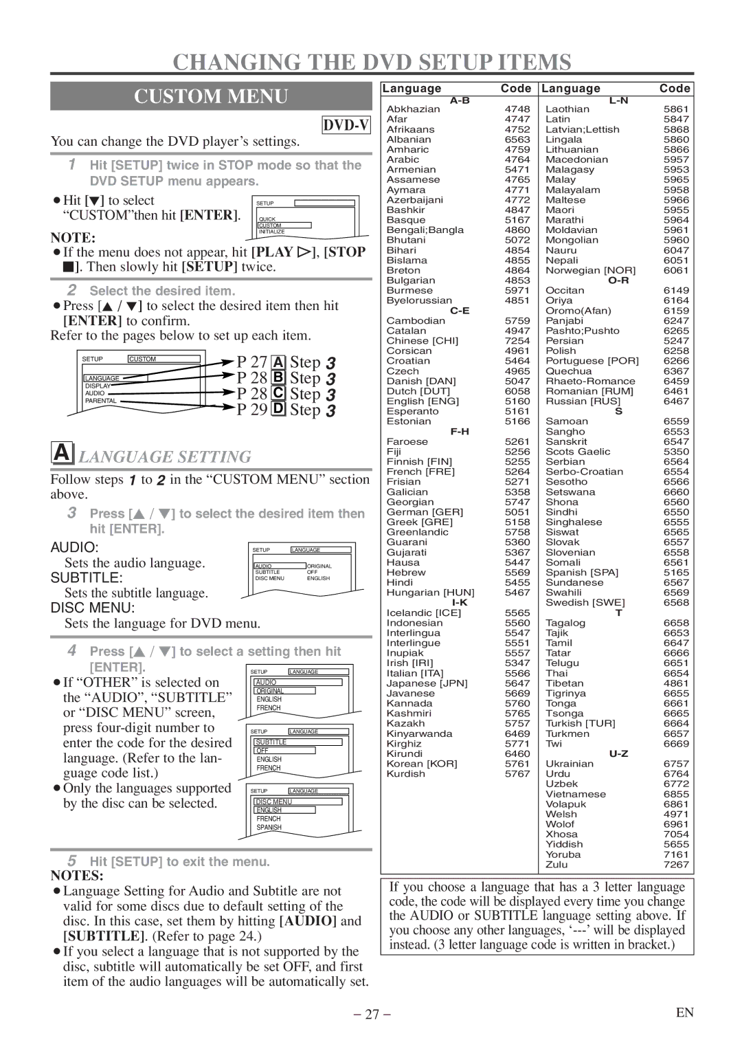 Emerson EWC20D5 A owner manual Changing the DVD Setup Items, Custom Menu, Language Setting 