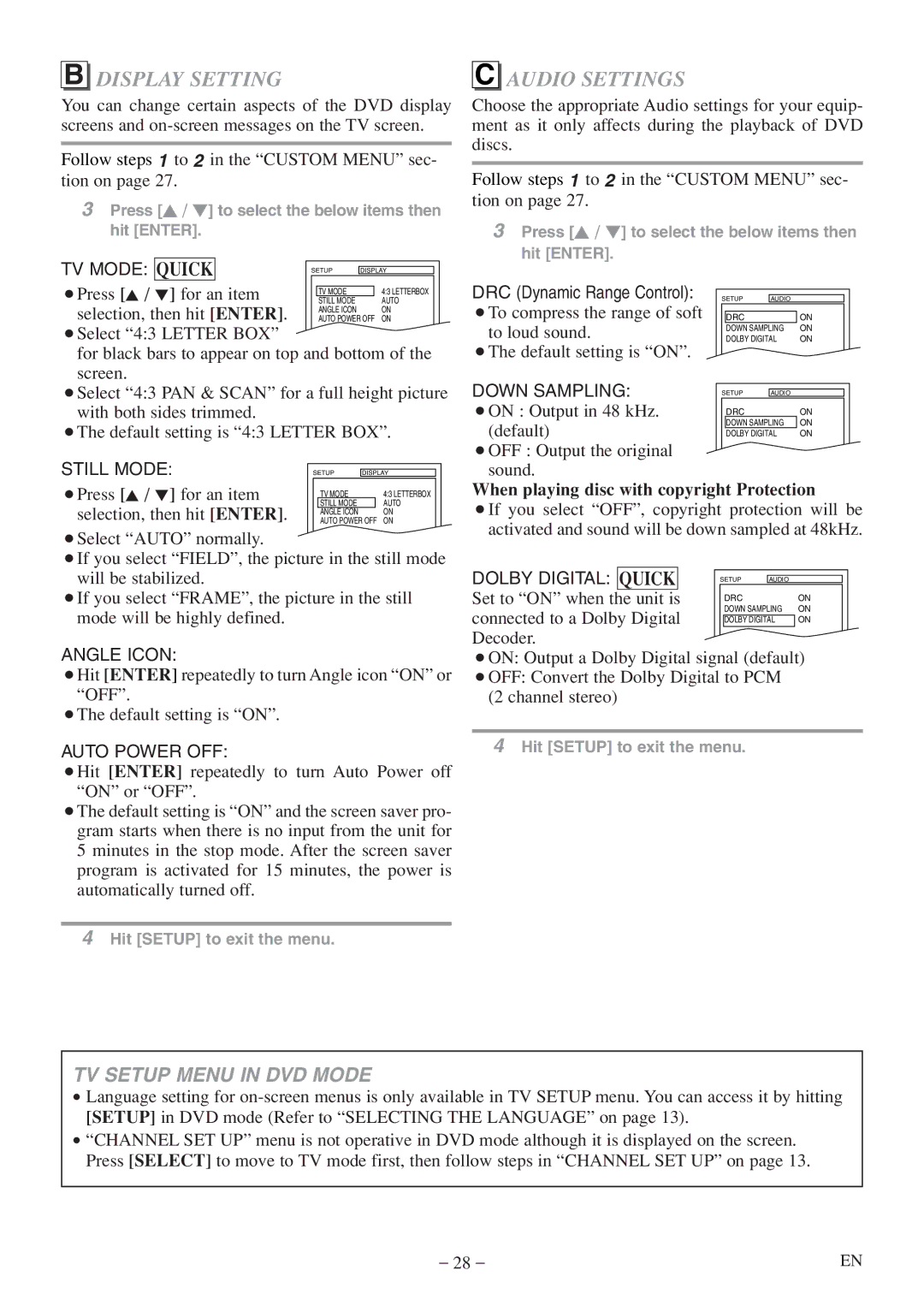 Emerson EWC20D5 A owner manual Display Setting Audio Settings, Quick, When playing disc with copyright Protection 