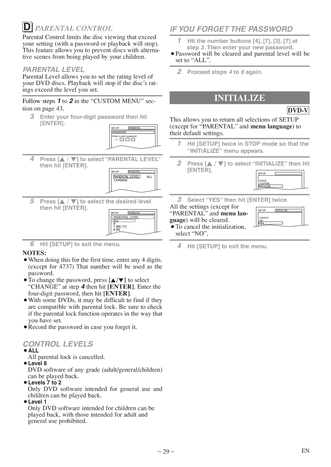 Emerson EWC20D5 A owner manual Initialize, Parental Control 