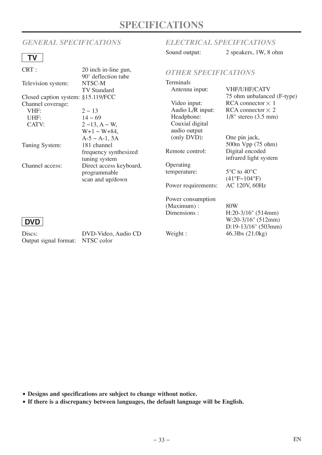 Emerson EWC20D5 A owner manual General Specifications, Electrical Specifications, Other Specifications 