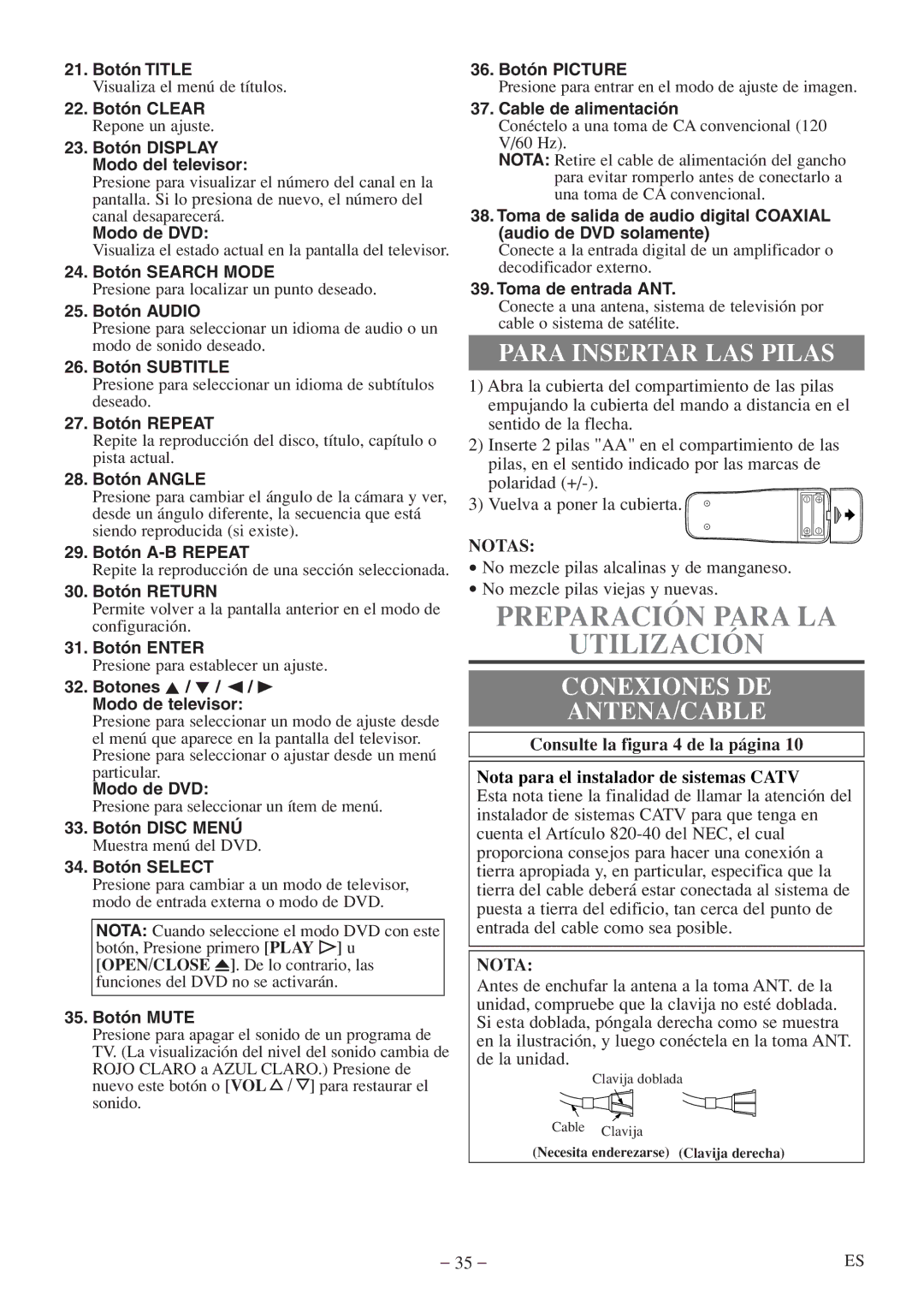 Emerson EWC20D5 A owner manual Preparación Para LA Utilización, Para Insertar LAS Pilas, Conexiones DE ANTENA/CABLE, Notas 