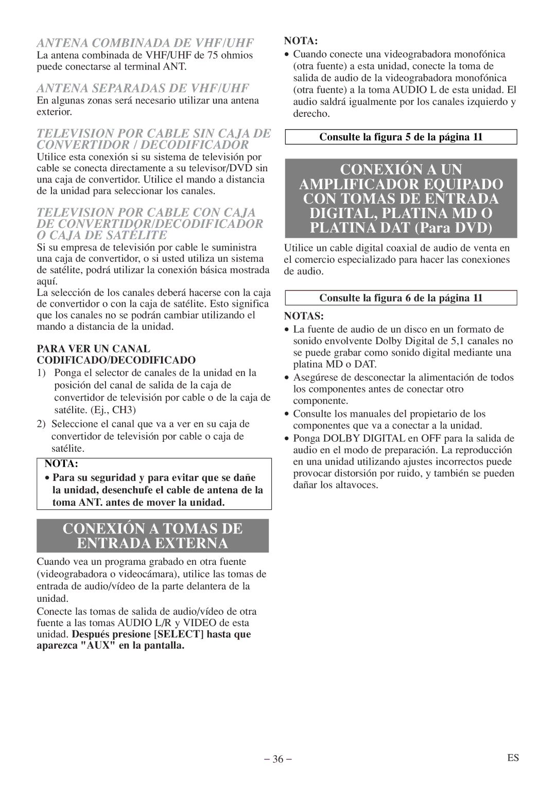 Emerson EWC20D5 A owner manual Conexión a Tomas DE Entrada Externa, Conexión a UN, Antena Combinada DE VHF/UHF 