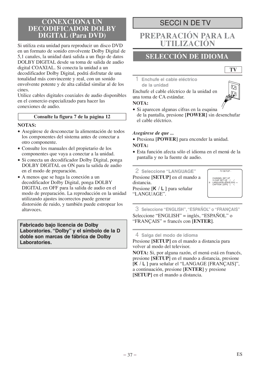 Emerson EWC20D5 A Conexciona UN Decodificador Dolby, Selección DE Idioma, Consulte la figura 7 de la página, Language 