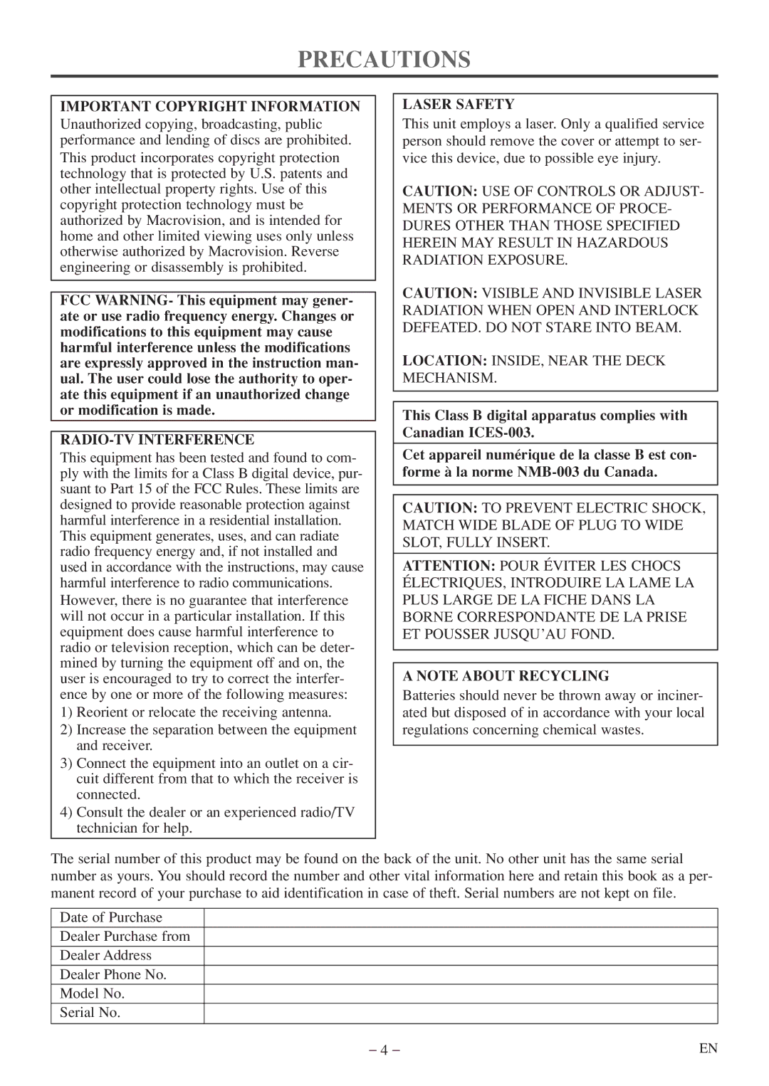 Emerson EWC20D5 A owner manual Precautions, Important Copyright Information, RADIO-TV Interference, Laser Safety 