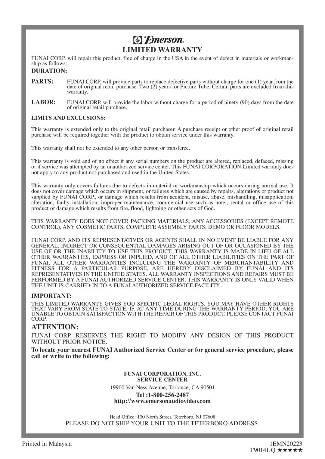 Emerson EWC20D5 A owner manual Duration, Tel, Please do not Ship Your Unit to the Teterboro Address 