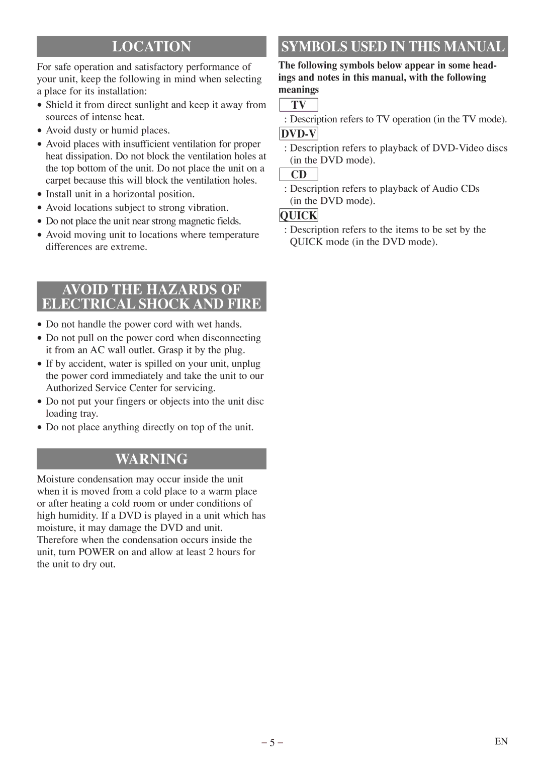 Emerson EWC20D5 A owner manual Location, Avoid the Hazards Electrical Shock and Fire 