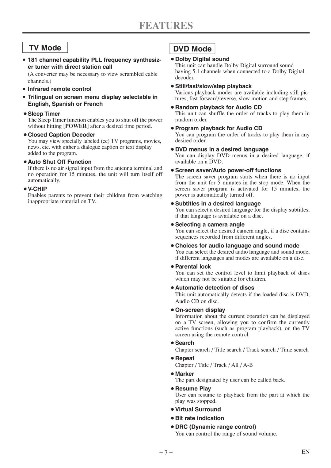 Emerson EWC20D5 A owner manual Features, TV Mode 