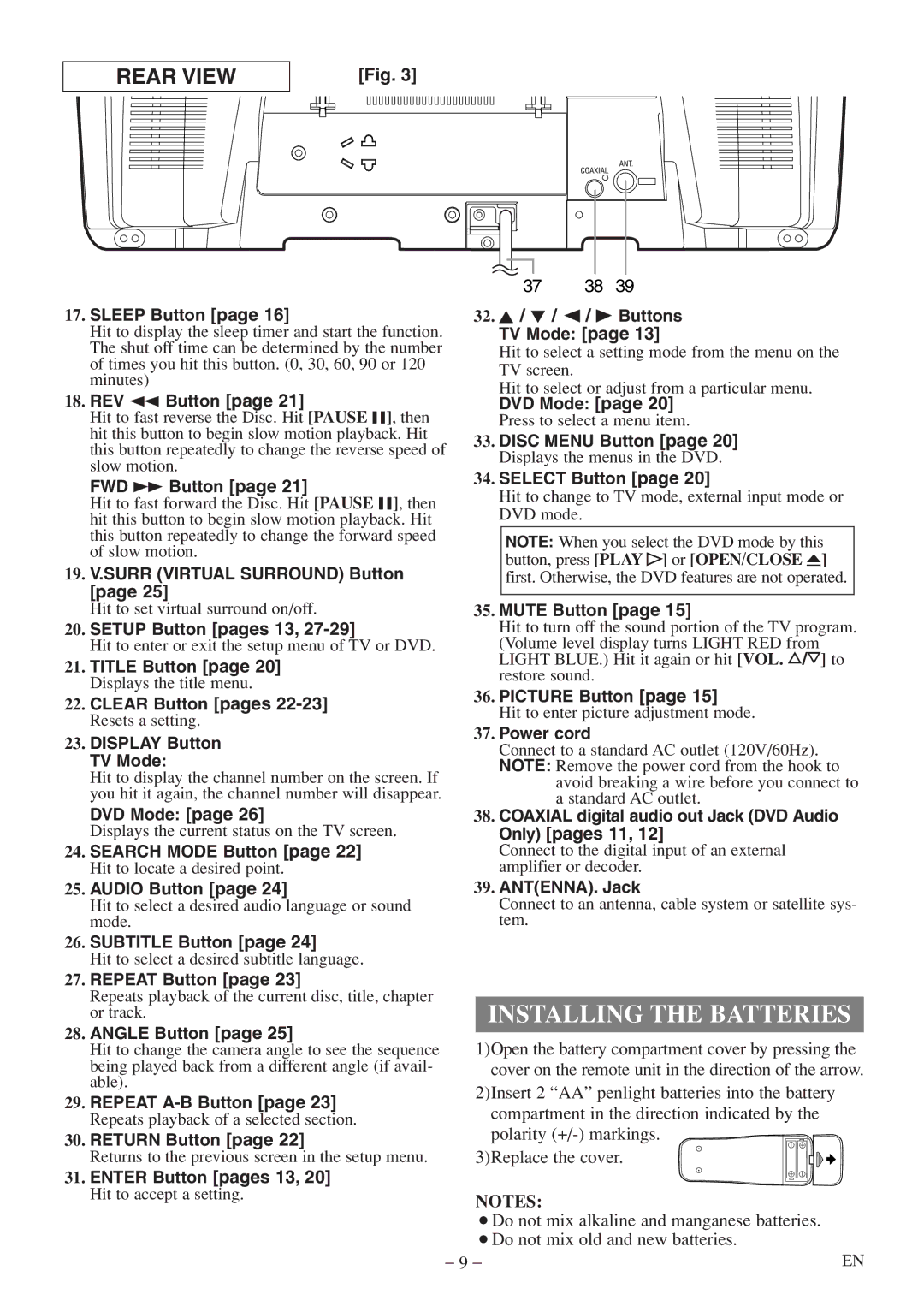 Emerson EWC20D5 A owner manual Installing the Batteries, Button, press Play O or OPEN/CLOSE a 