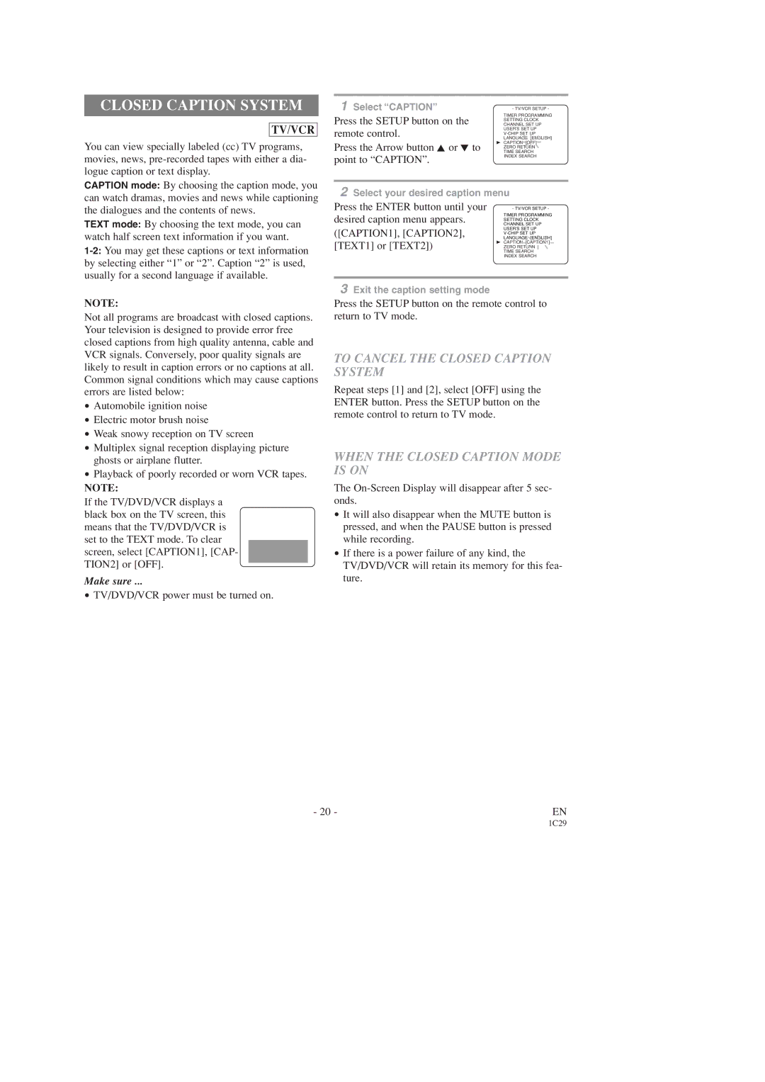 Emerson EWC27T3, EWC19T3 To Cancel the Closed Caption System, When the Closed Caption Mode is on, CAPTION1, CAPTION2 