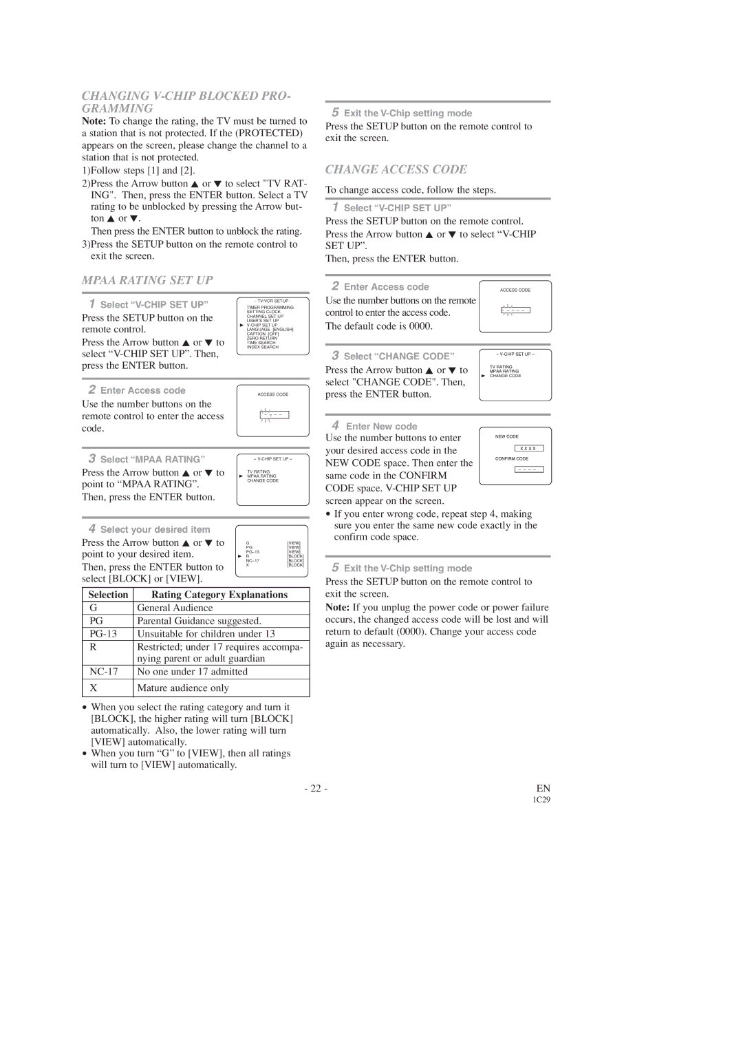 Emerson EWC27T3, EWC19T3, EWC19T3, EWC27T3 Changing V-CHIP Blocked PRO- Gramming, Mpaa Rating SET UP, Change Access Code 