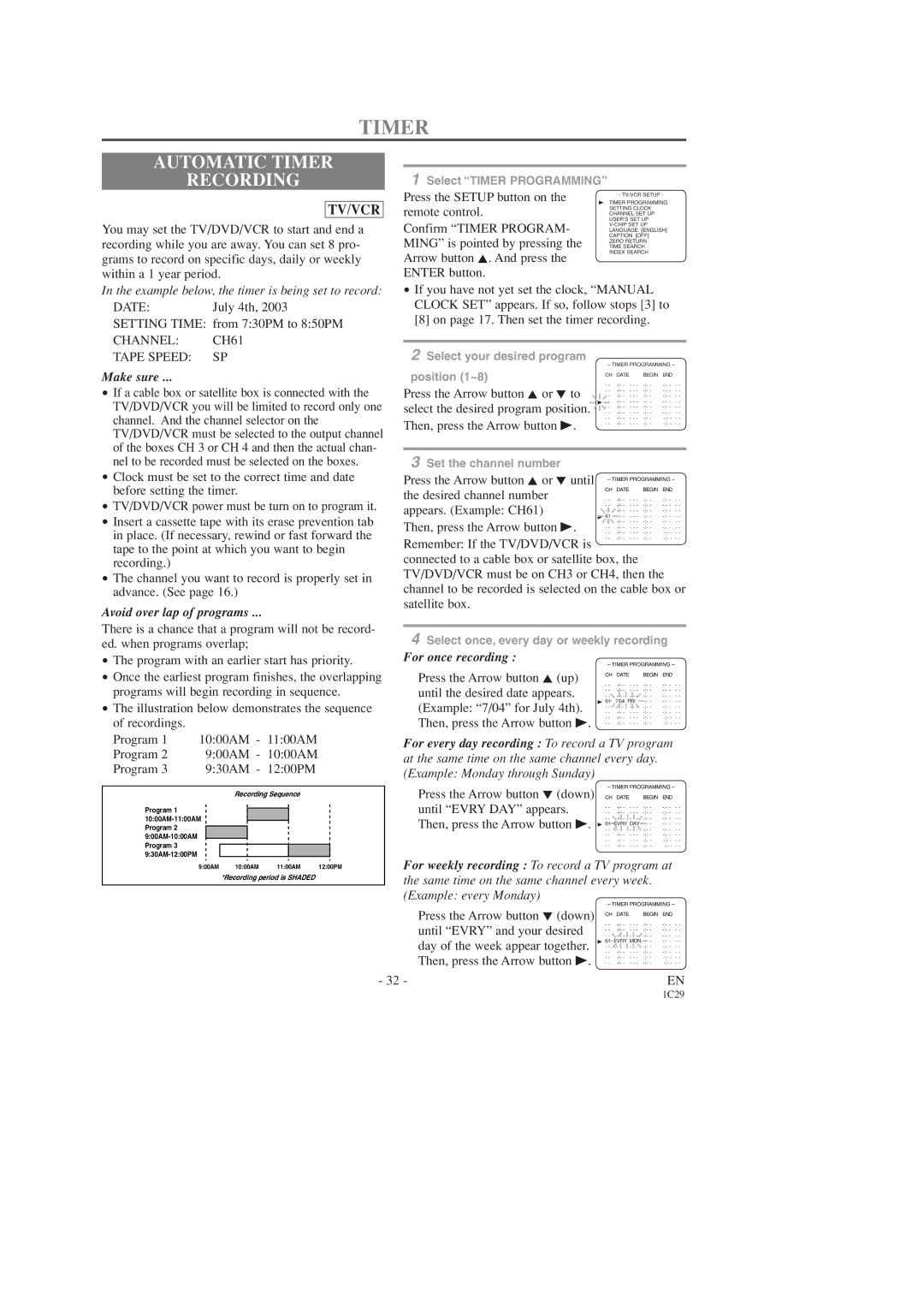 Emerson EWC27T3, EWC19T3, EWC19T3, EWC27T3 owner manual Automatic Timer Recording, Channel CH61 Tape Speed SP 