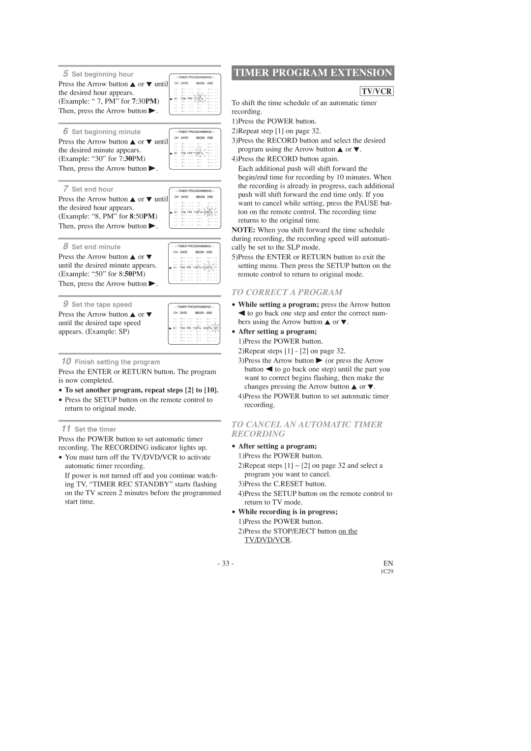 Emerson EWC19T3, EWC27T3 owner manual Timer Program Extension, To Correct a Program, To Cancel AN Automatic Timer Recording 