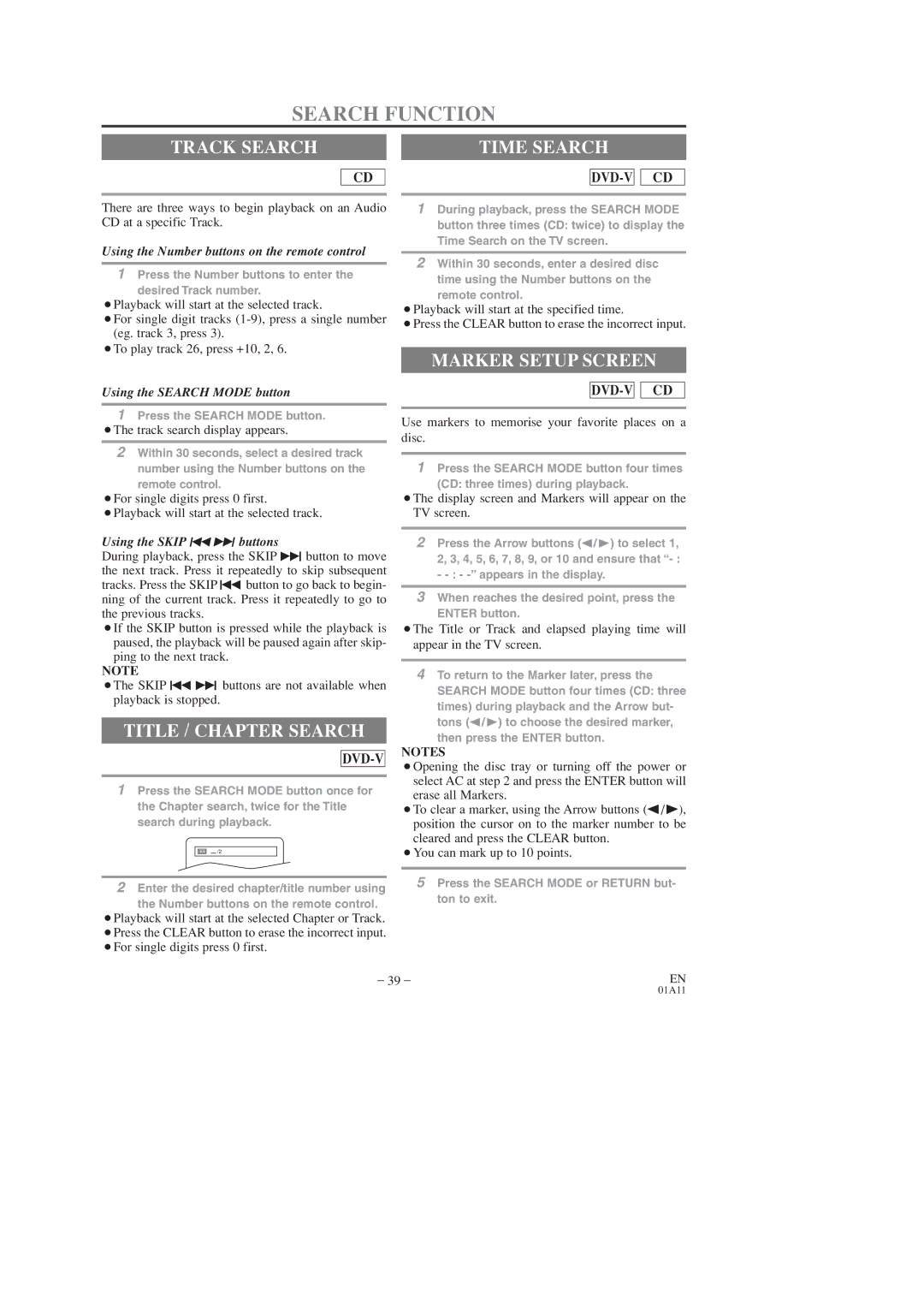 Emerson EWC19T3, EWC27T3, EWC27T3, EWC19T3 Search Function, Track Search, Title / Chapter Search, Marker Setup Screen 