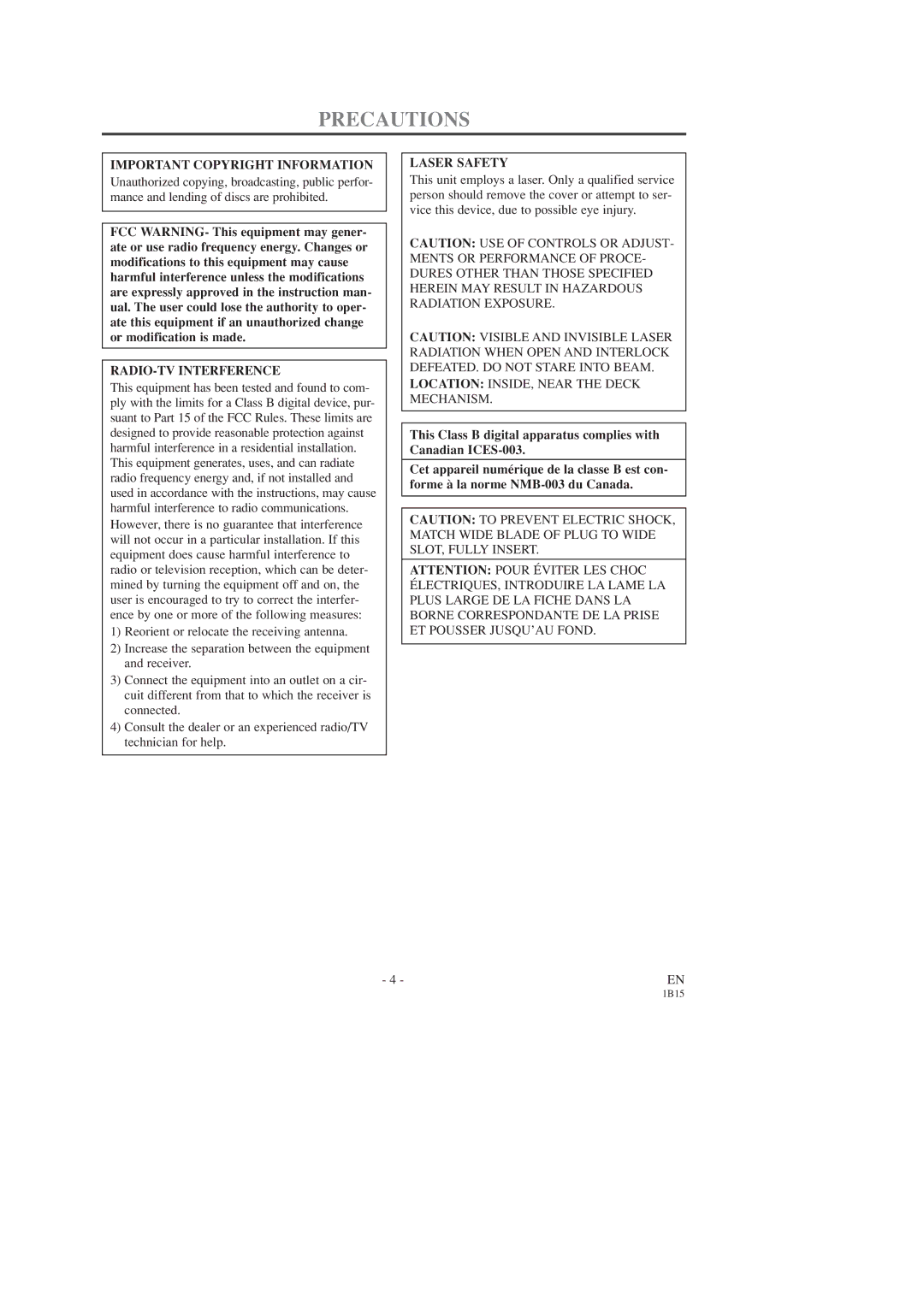 Emerson EWC27T3, EWC19T3 owner manual Precautions, Important Copyright Information, RADIO-TV Interference, Laser Safety 