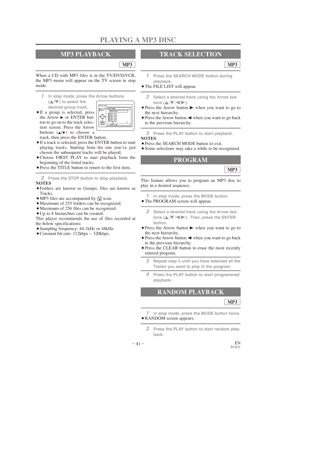 Emerson EWC19T3, EWC27T3 Playing a MP3 Disc, MP3 Playback, Program, ¡The File List will appear, ¡RANDOM screen appears 