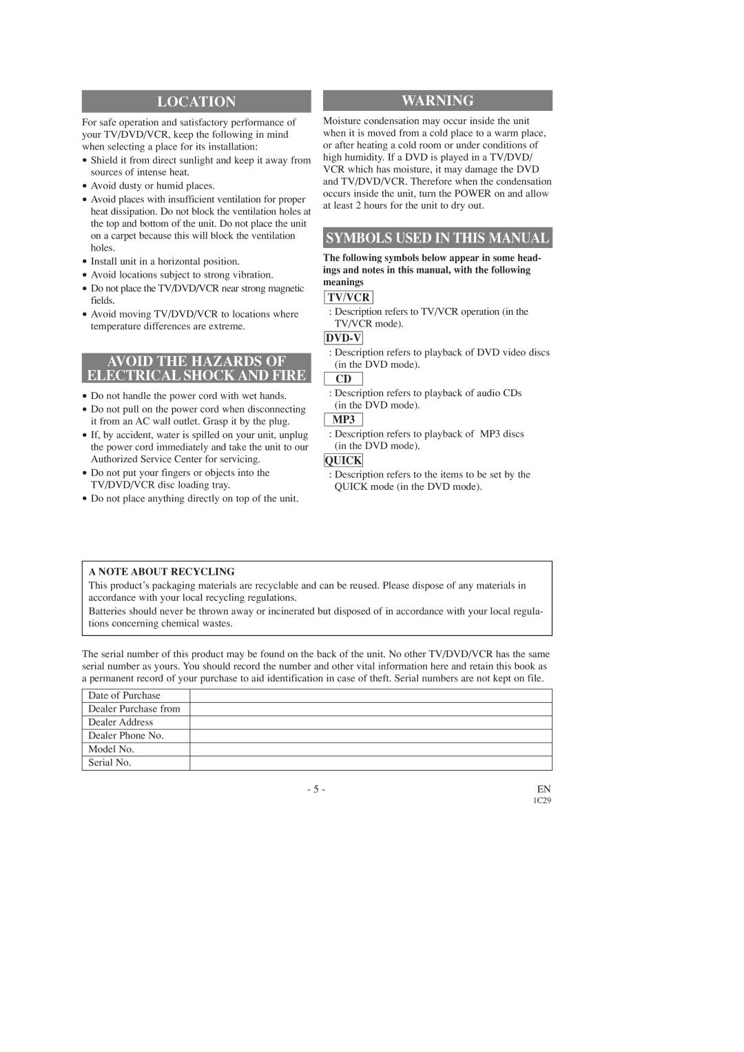 Emerson EWC19T3, EWC27T3 owner manual Location, Avoid the Hazards Electrical Shock and Fire, Symbols Used in this Manual 