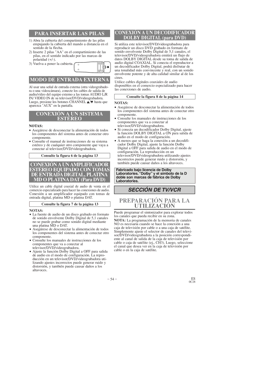 Emerson EWC27T3, EWC19T3 Para Insertar LAS Pilas, Modo DE Entrada Externa, Conexión a UN Sistema Estéreo, Notas 