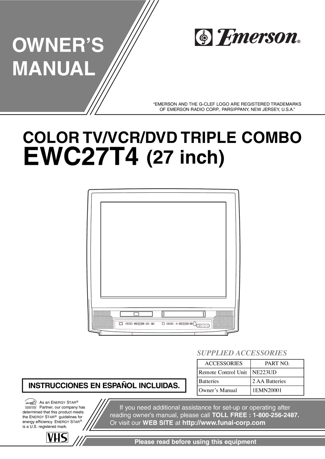 Emerson EWC27T4 owner manual OWNER’S Manual, Supplied Accessories 