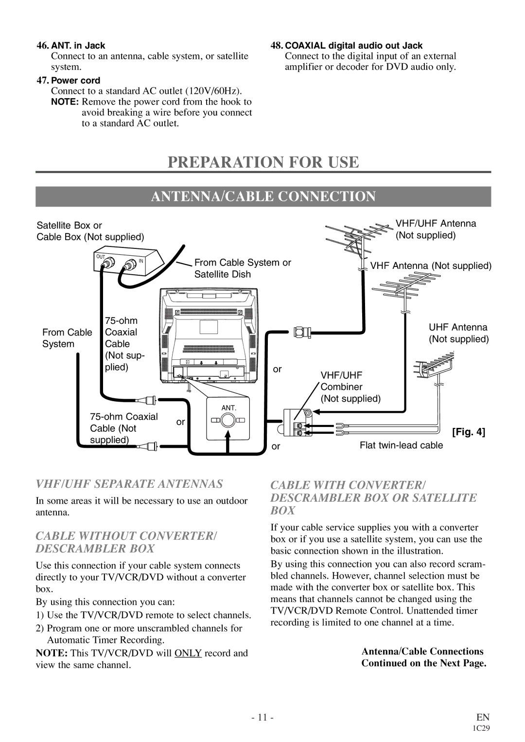 Emerson EWC27T4 owner manual Preparation for USE, ANTENNA/CABLE Connection, VHF/UHF Separate Antennas 