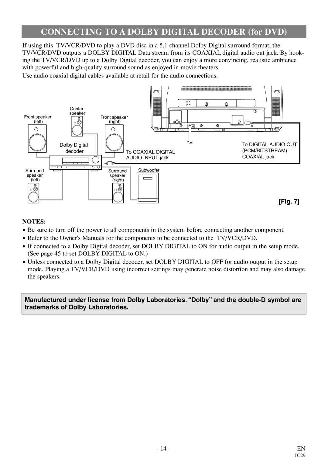 Emerson EWC27T4 owner manual Connecting to a Dolby Digital Decoder for DVD 