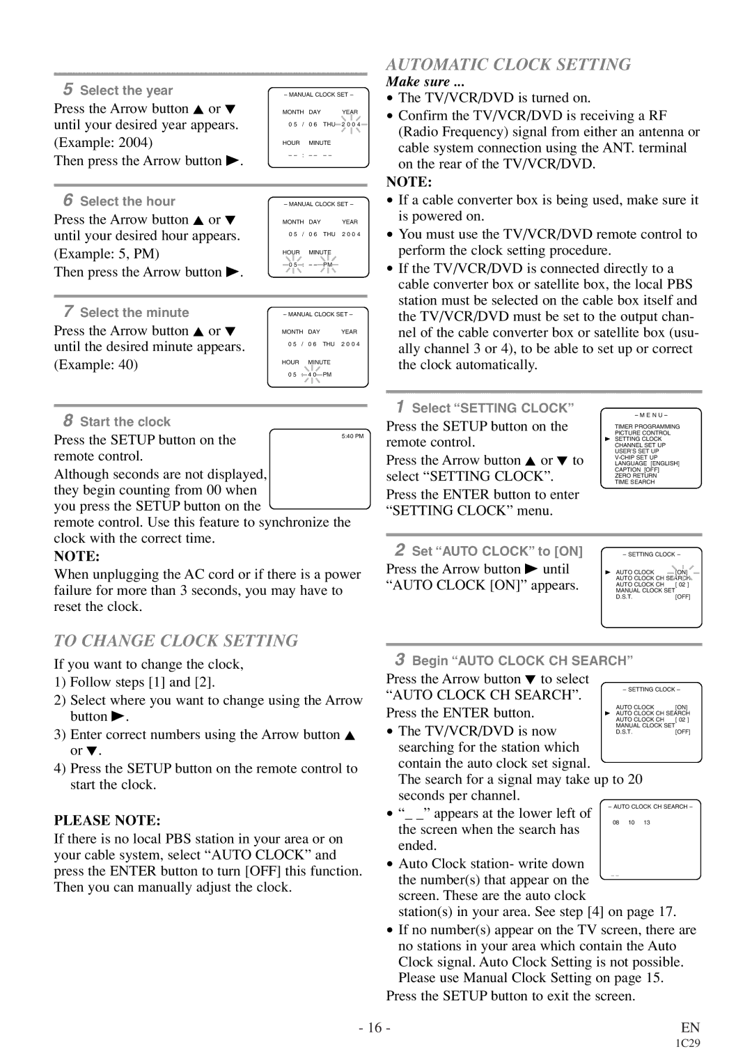 Emerson EWC27T4 owner manual Automatic Clock Setting, To Change Clock Setting, Please Note, Auto Clock CH Search 