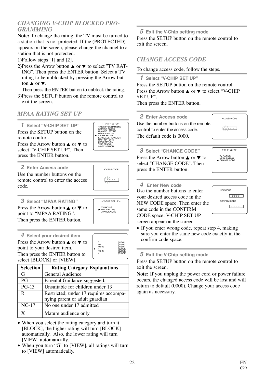 Emerson EWC27T4 owner manual Changing V-CHIP Blocked PRO- Gramming, Mpaa Rating SET UP, Change Access Code 