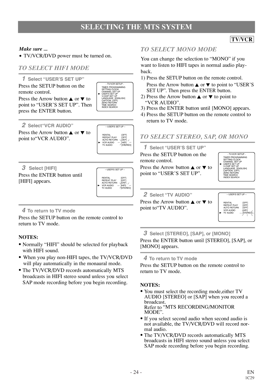 Emerson EWC27T4 Selecting the MTS System, To Select Hifi Mode, To Select Mono Mode, To Select STEREO, SAP, or Mono 