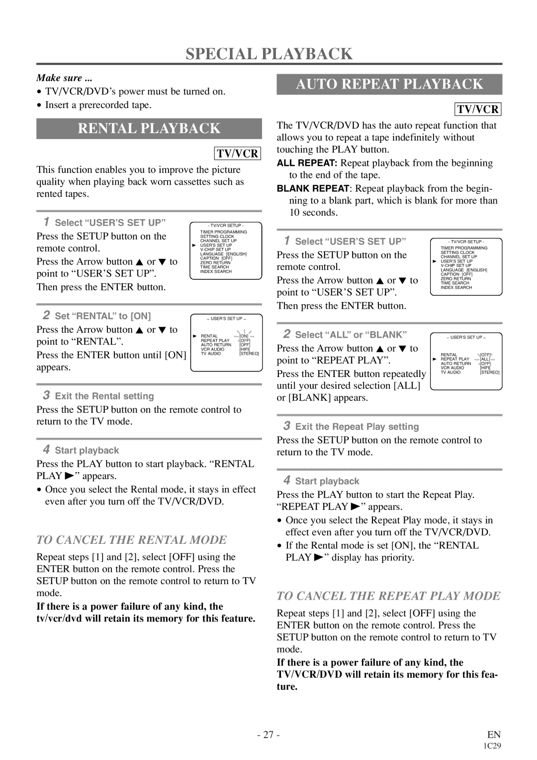 Emerson EWC27T4 owner manual Special Playback, Rental Playback, Auto Repeat Playback, To Cancel the Rental Mode 