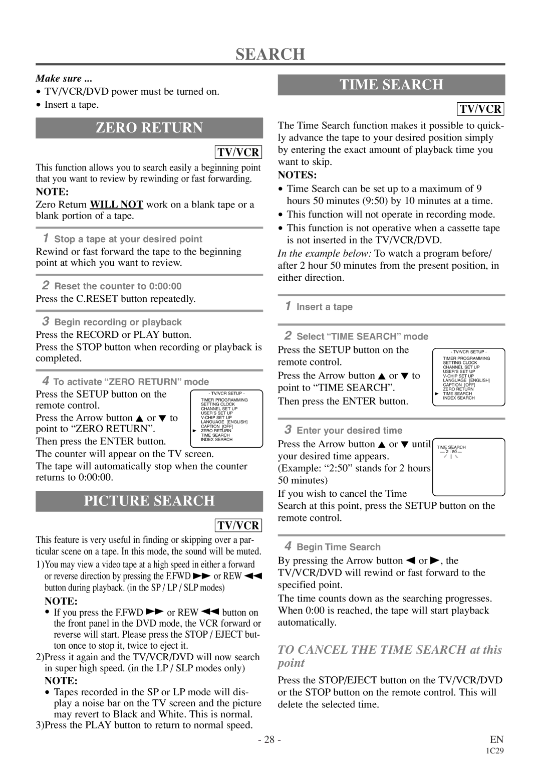 Emerson EWC27T4 owner manual Zero Return, Time Search, Picture Search 