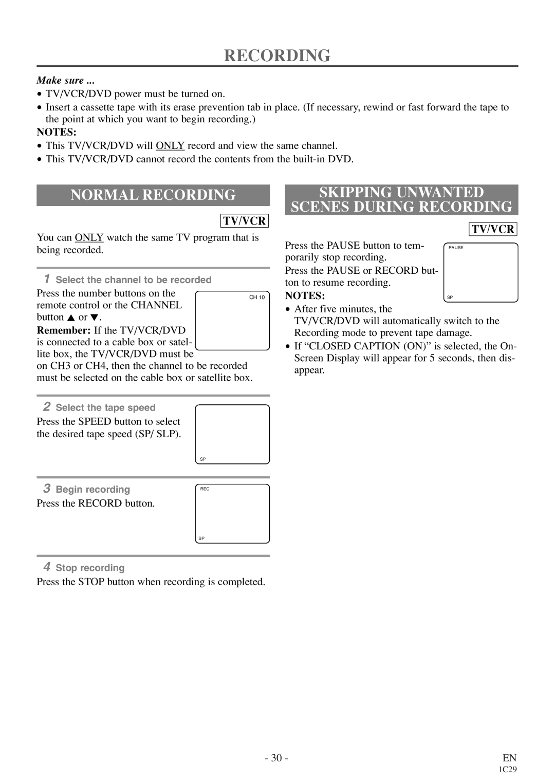 Emerson EWC27T4 owner manual Normal Recording, Skipping Unwanted Scenes During Recording 