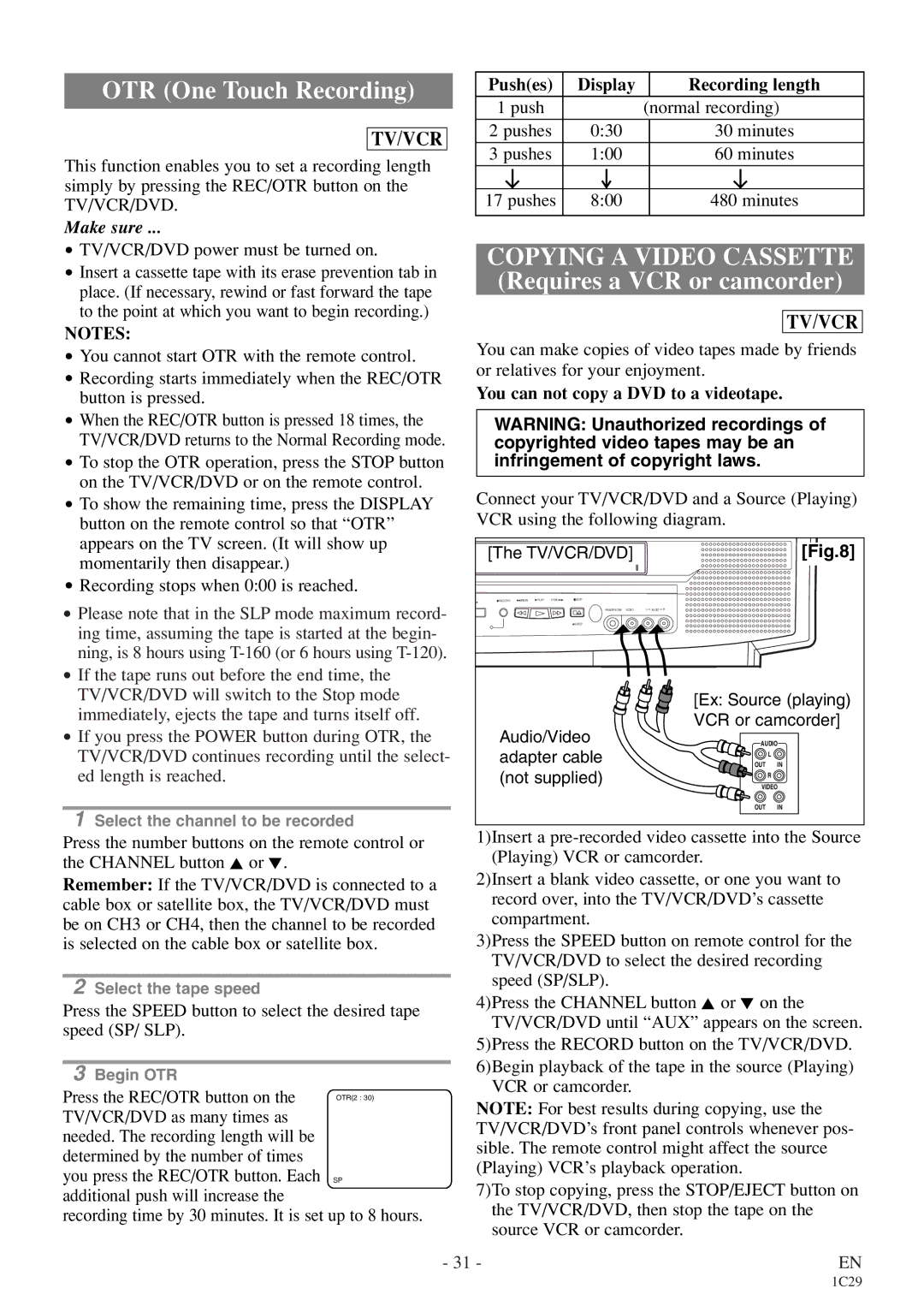 Emerson EWC27T4 owner manual Pushes Display Recording length, You can not copy a DVD to a videotape 