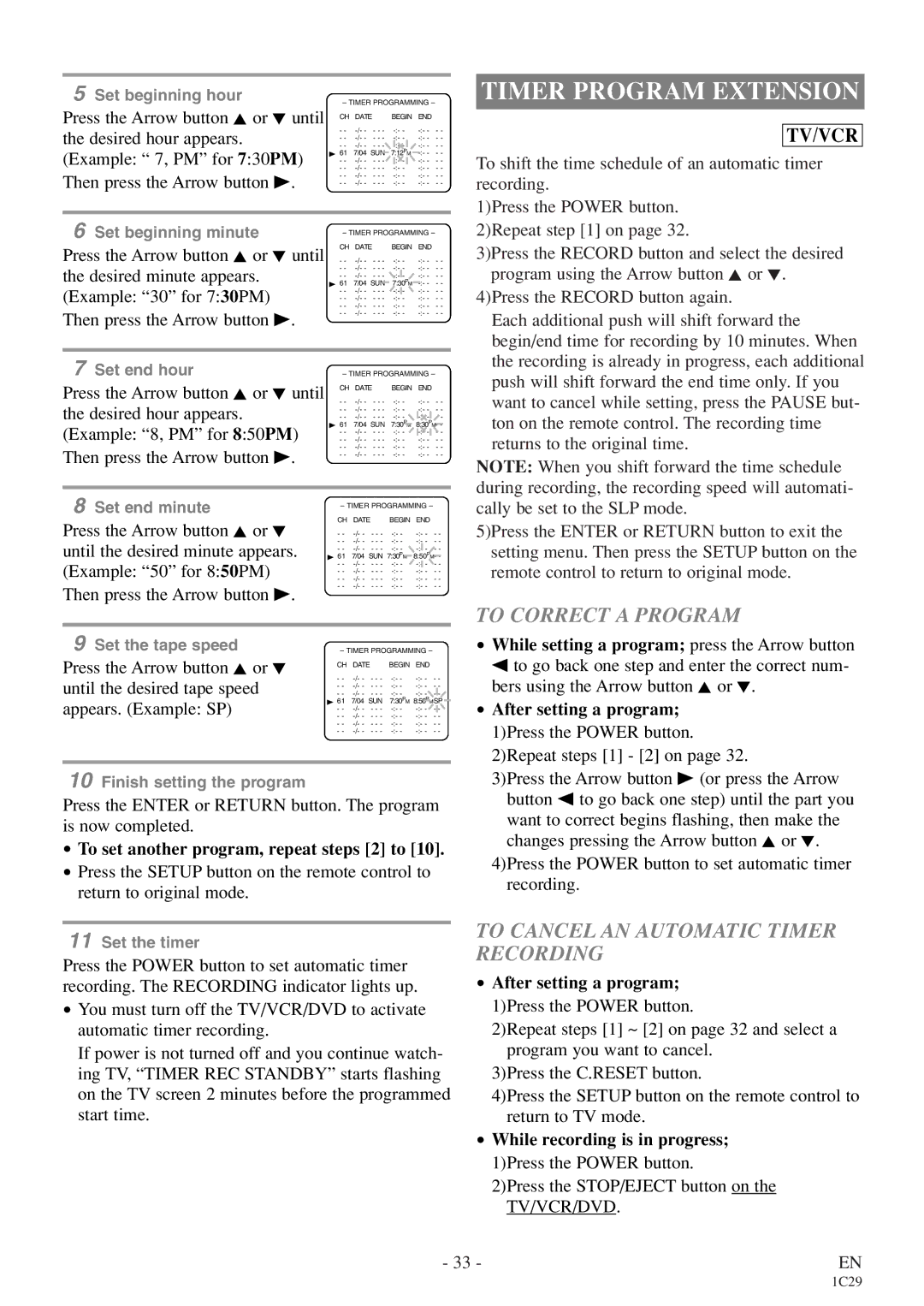 Emerson EWC27T4 owner manual Timer Program Extension, To Correct a Program, To Cancel AN Automatic Timer Recording 