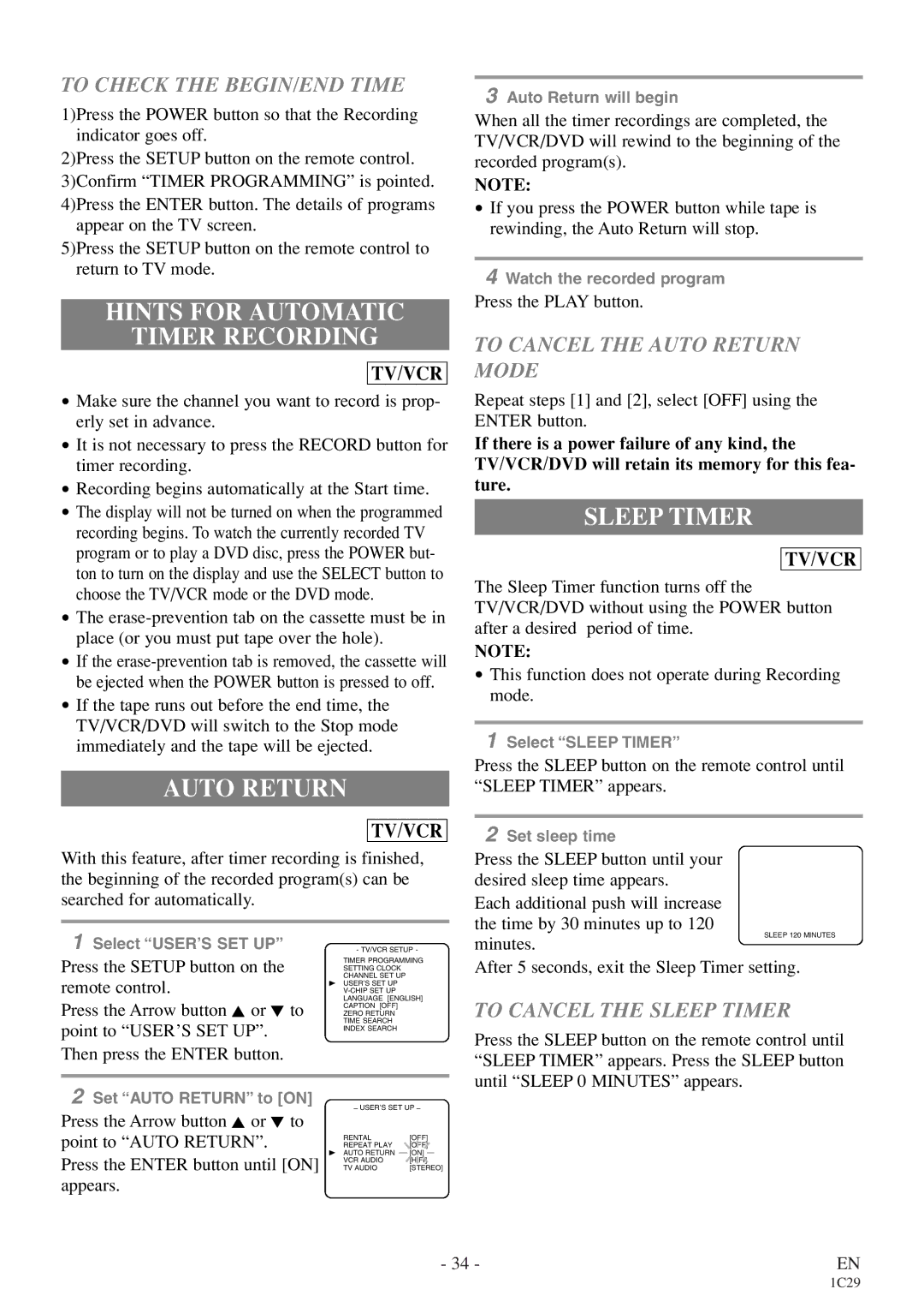 Emerson EWC27T4 owner manual Hints for Automatic Timer Recording, Auto Return, Sleep Timer 