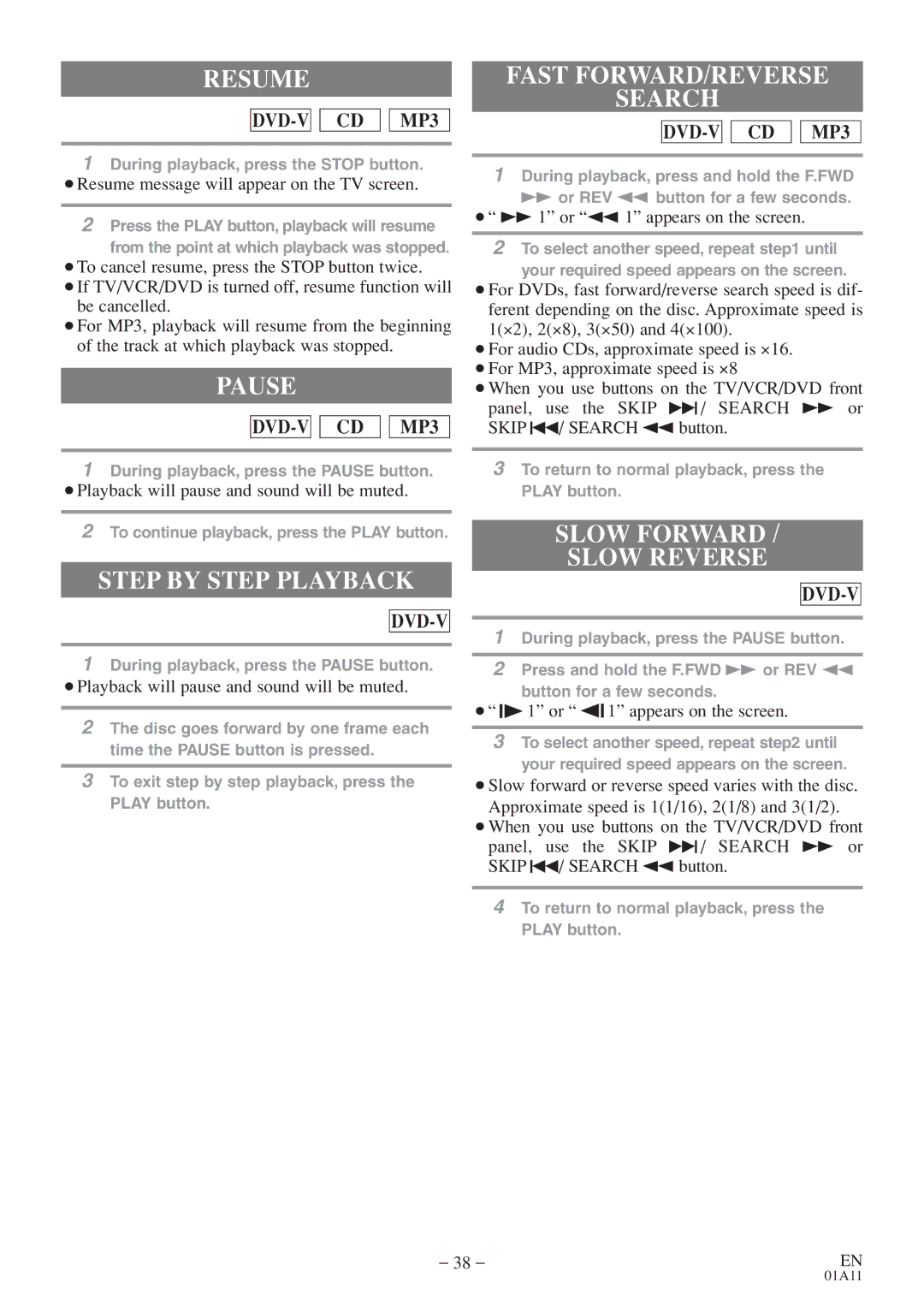 Emerson EWC27T4 owner manual Resume, Pause, Step by Step Playback, Fast FORWARD/REVERSE Search, Slow Forward Slow Reverse 