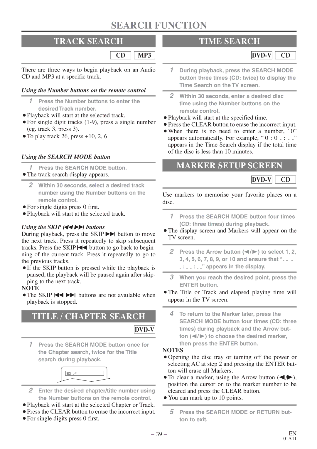 Emerson EWC27T4 owner manual Search Function, Track Search Time Search, Marker Setup Screen, Title / Chapter Search 