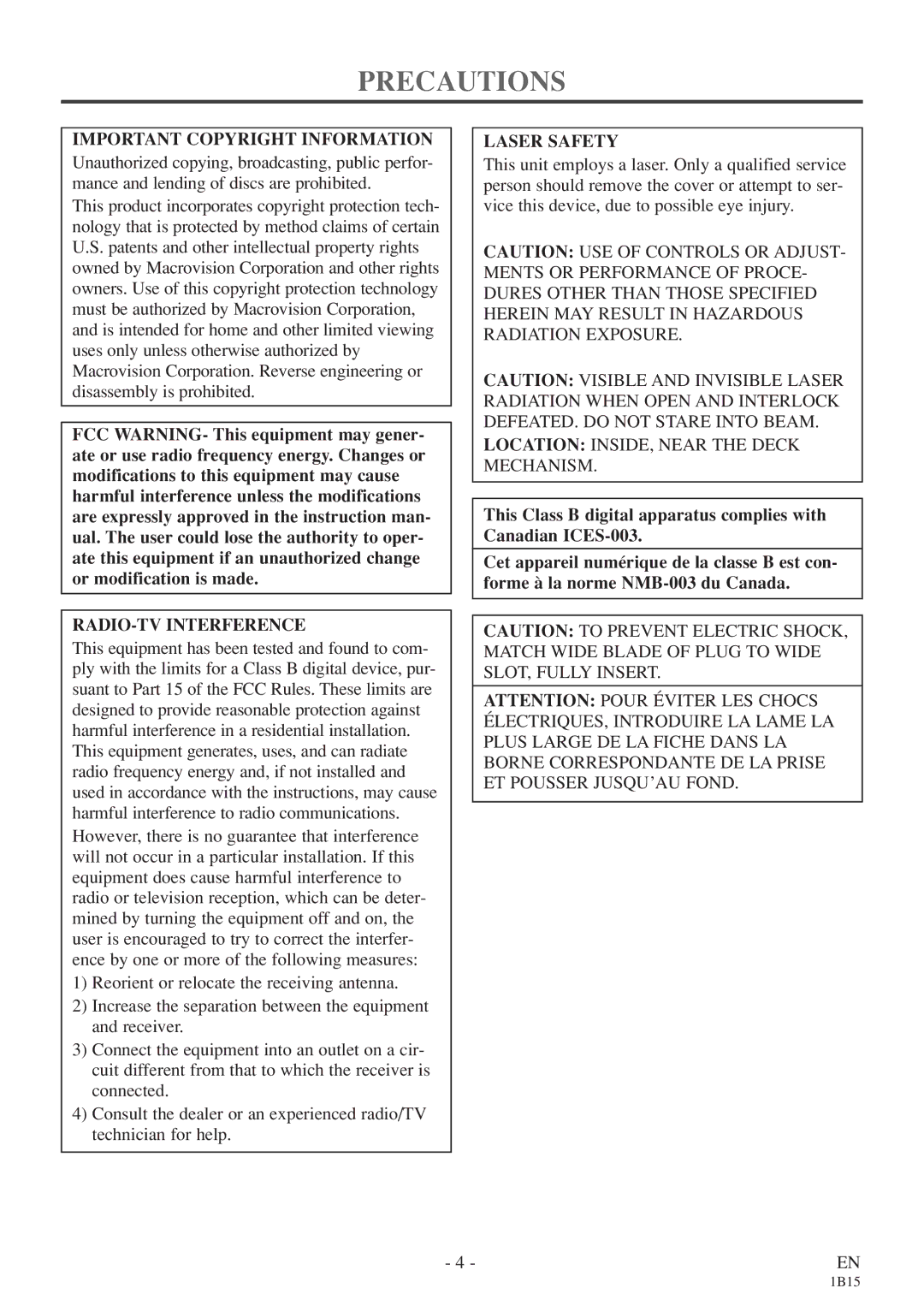 Emerson EWC27T4 owner manual Precautions, Important Copyright Information, RADIO-TV Interference, Laser Safety 