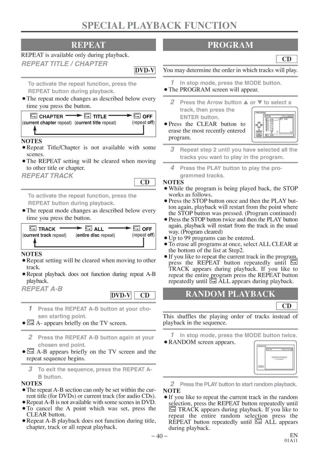 Emerson EWC27T4 owner manual Special Playback Function, Repeatprogram, Random Playback 