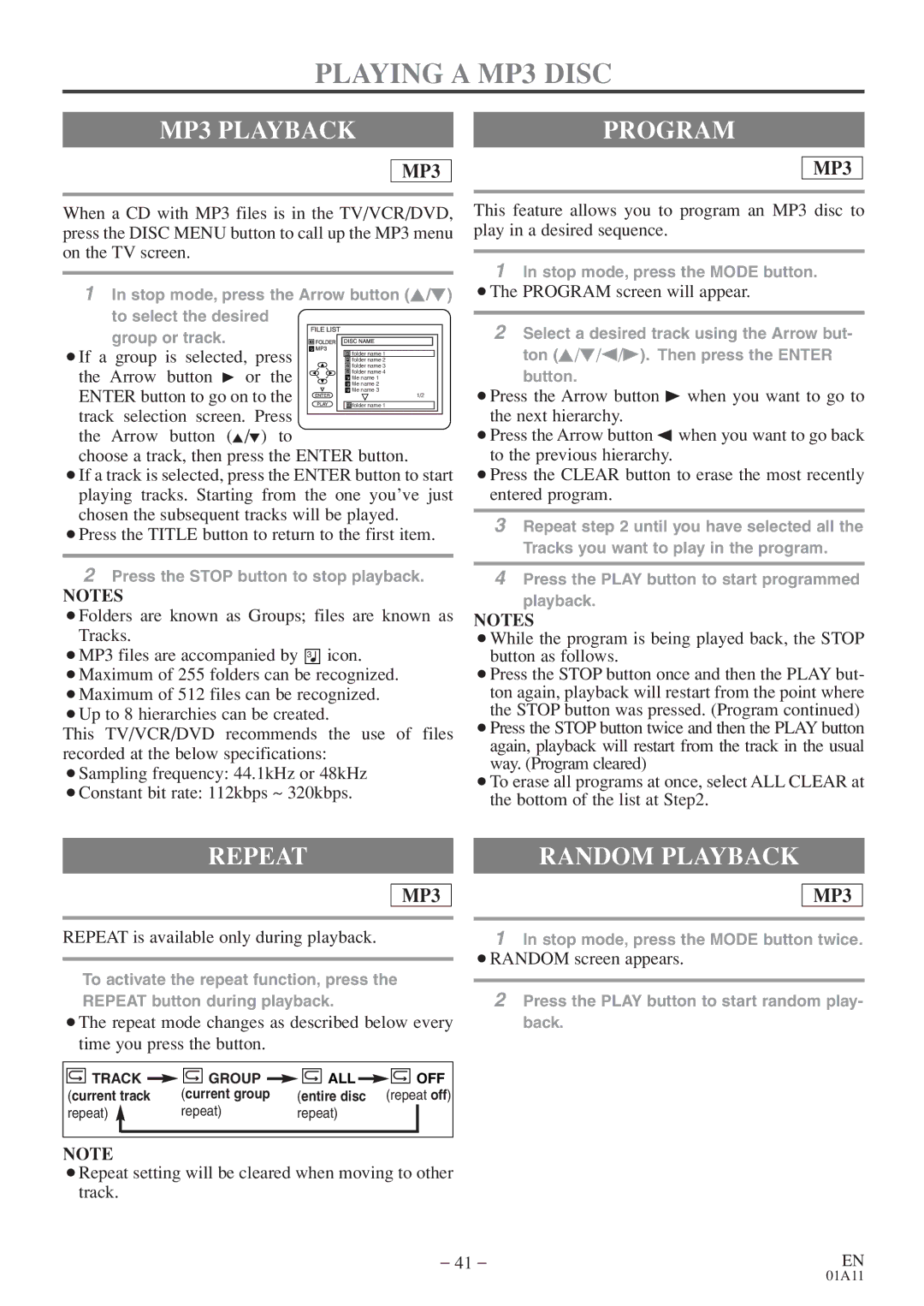 Emerson EWC27T4 owner manual Playing a MP3 Disc, MP3 Playback, Program, Repeat Random Playback 