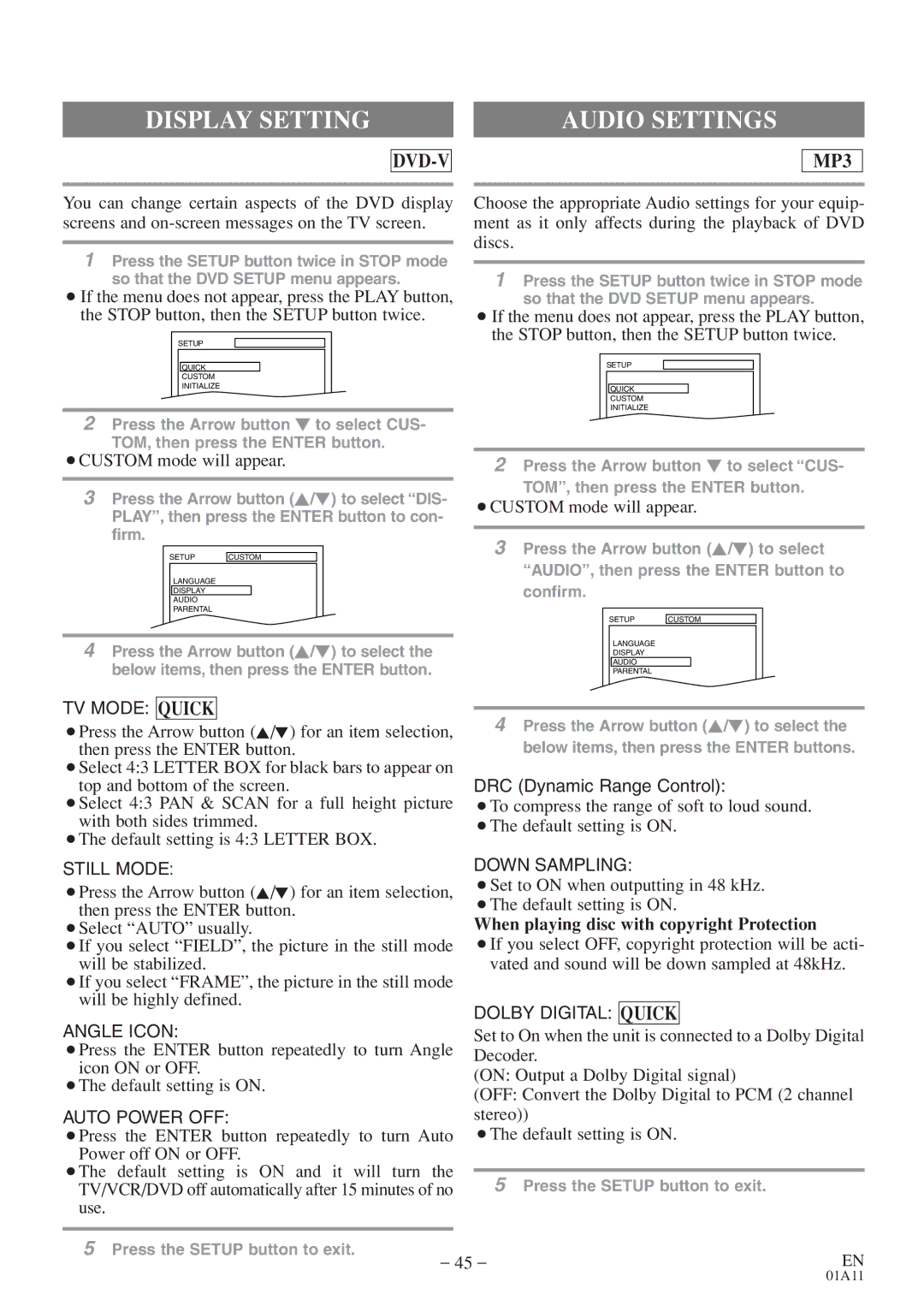 Emerson EWC27T4 owner manual Display Setting, Audio Settings, When playing disc with copyright Protection 