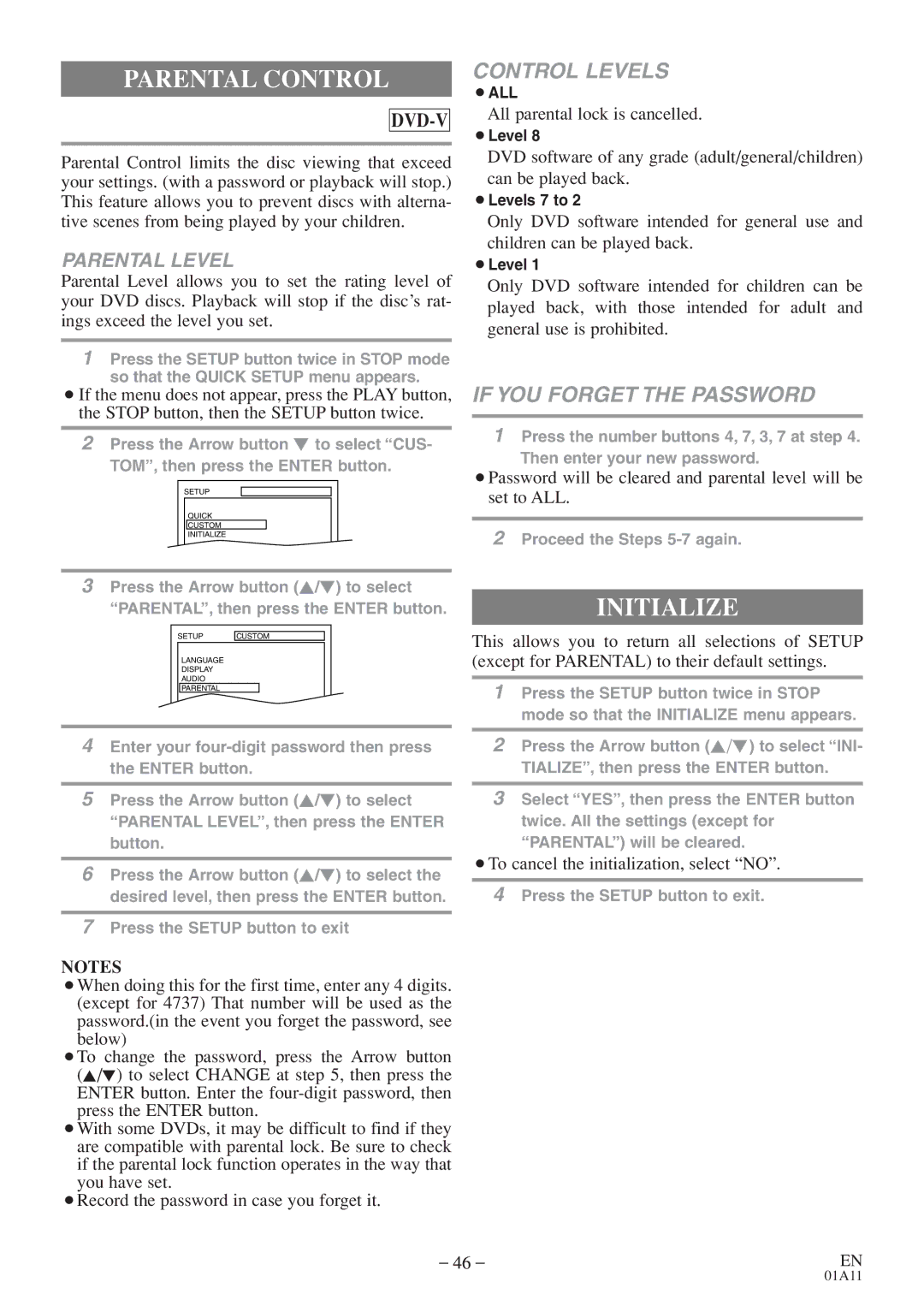 Emerson EWC27T4 owner manual Parental Control, Initialize 