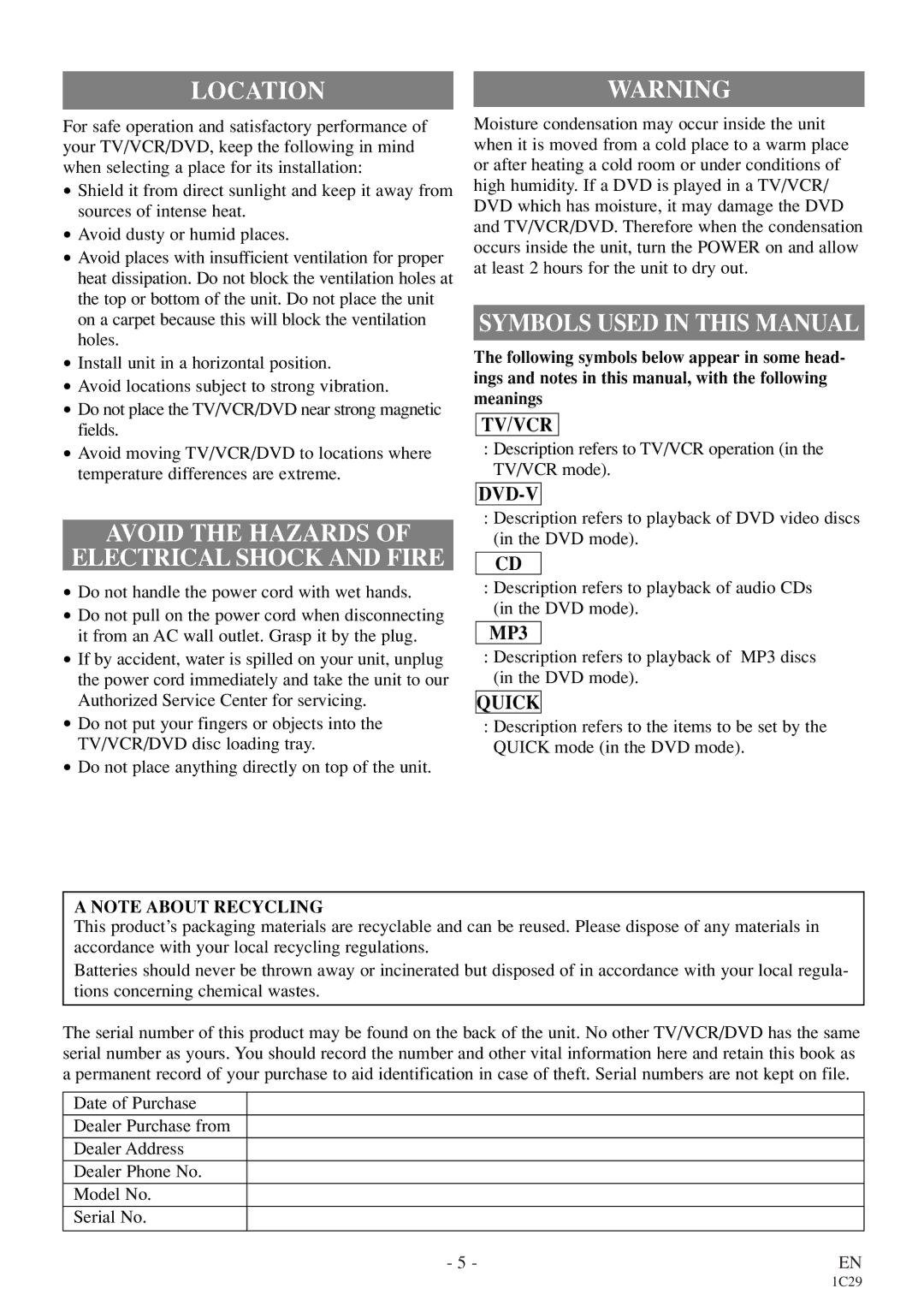 Emerson EWC27T4 owner manual Locationwarning, Symbols Used in this Manual, Avoid the Hazards Electrical Shock and Fire 