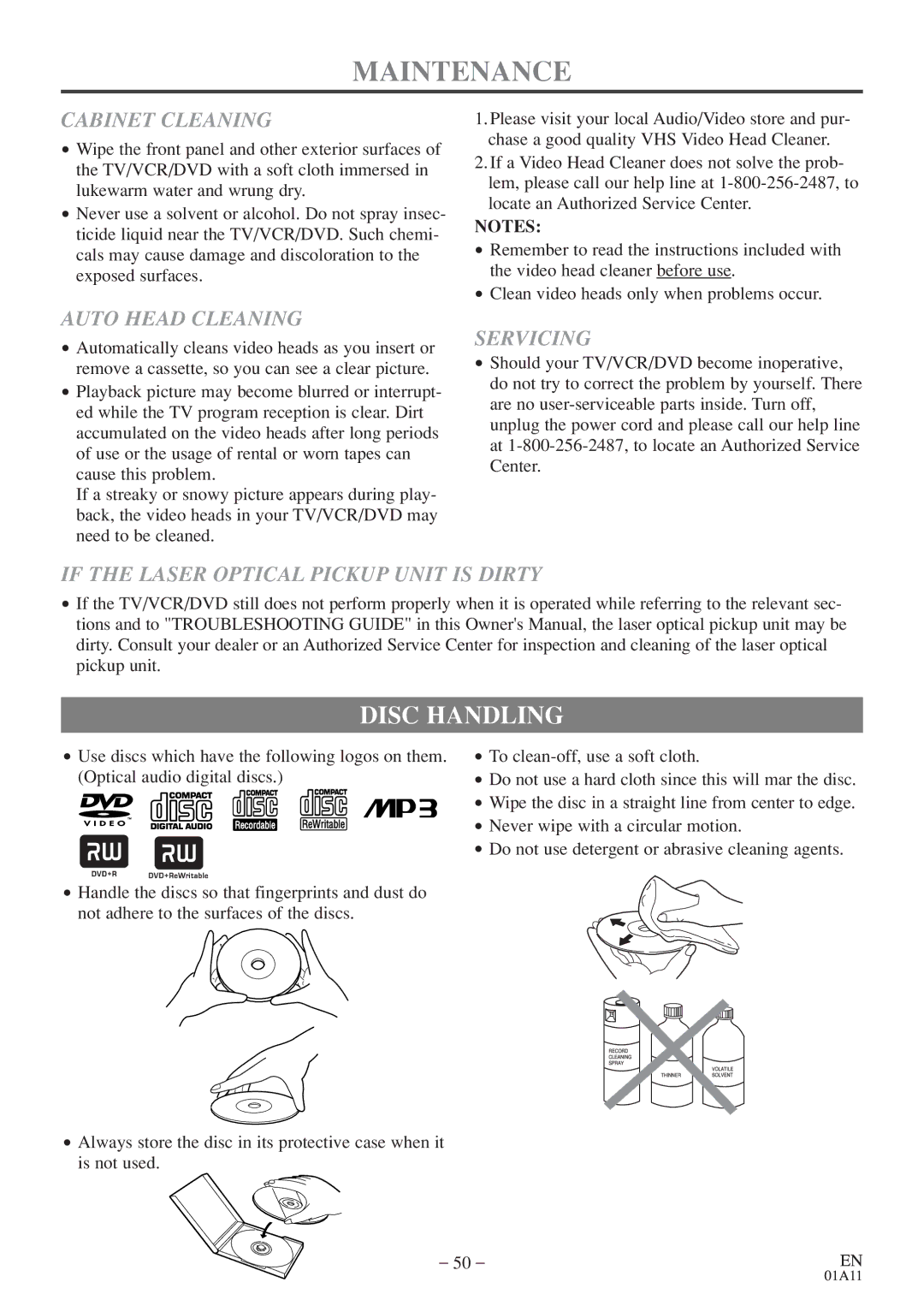 Emerson EWC27T4 owner manual Maintenance, Disc Handling 