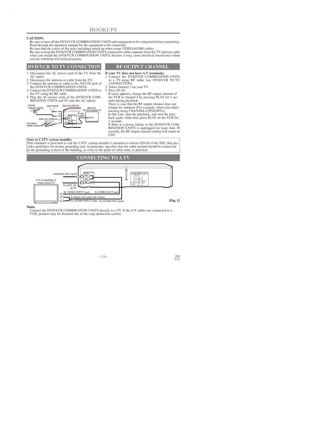 Emerson EWD2003 owner manual Hookups, DVD/VCR to TV Connection, Connecting to a TV, If your TV does not have A/V terminals 