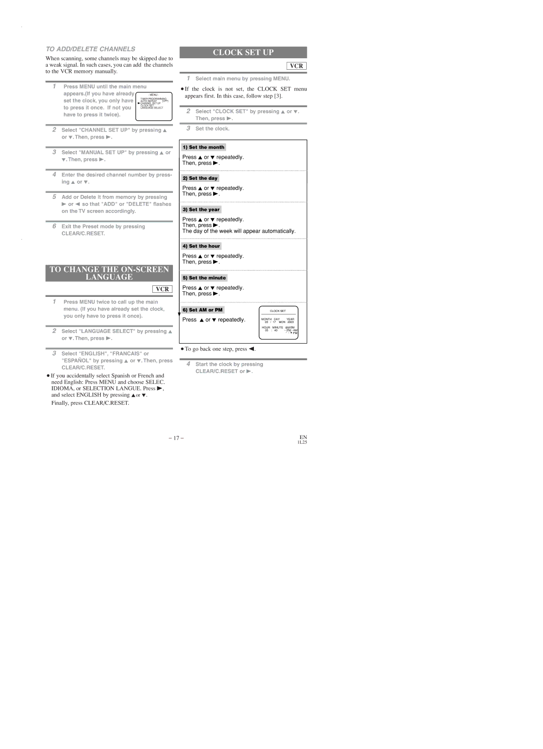 Emerson EWD2003 owner manual Clock SET UP, To Change the ON-SCREEN Language, To ADD/DELETE Channels 