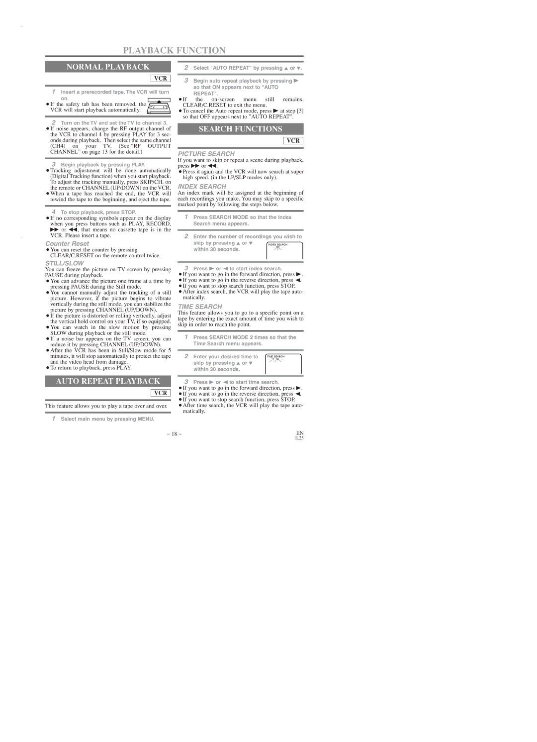 Emerson EWD2003 owner manual Playback Function, Normal Playback, Auto Repeat Playback, Search Functions 