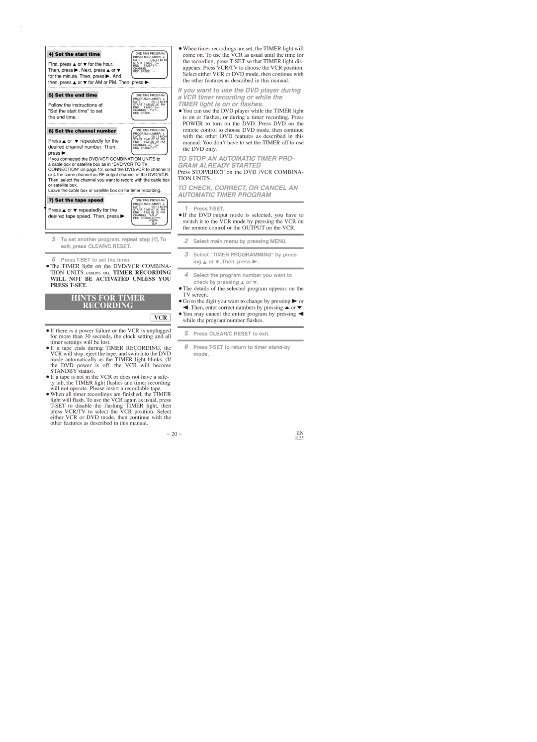 Emerson EWD2003 owner manual Hints for Timer Recording, To Stop AN Automatic Timer PRO- Gram Already Started 