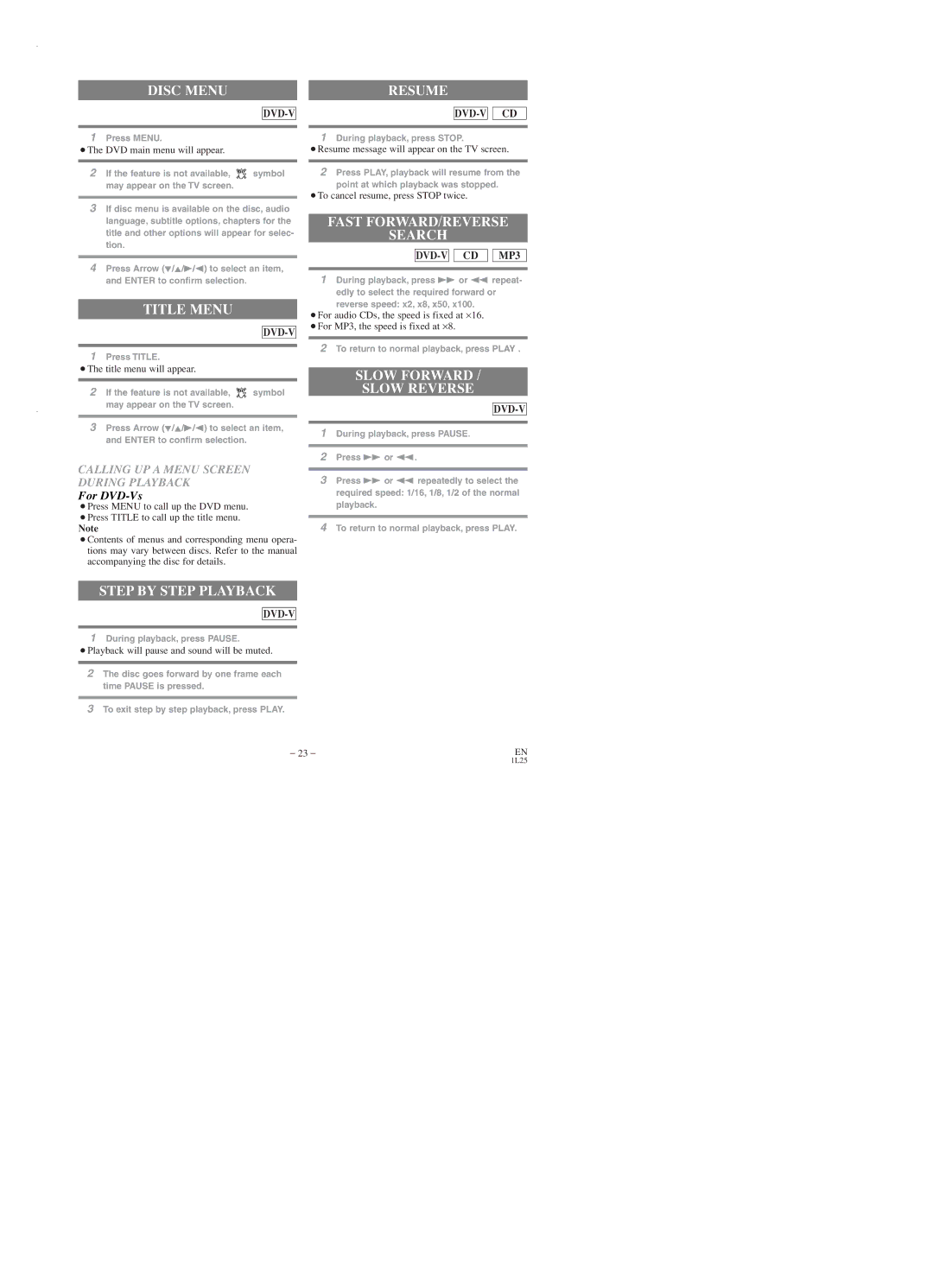 Emerson EWD2003 Disc Menu, Title Menu, Step by Step Playback, Fast FORWARD/REVERSE Search, Slow Forward Slow Reverse 