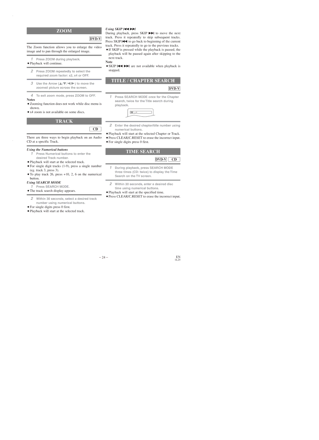 Emerson EWD2003 owner manual Zoom, Title / Chapter Search, Track, Time Search 