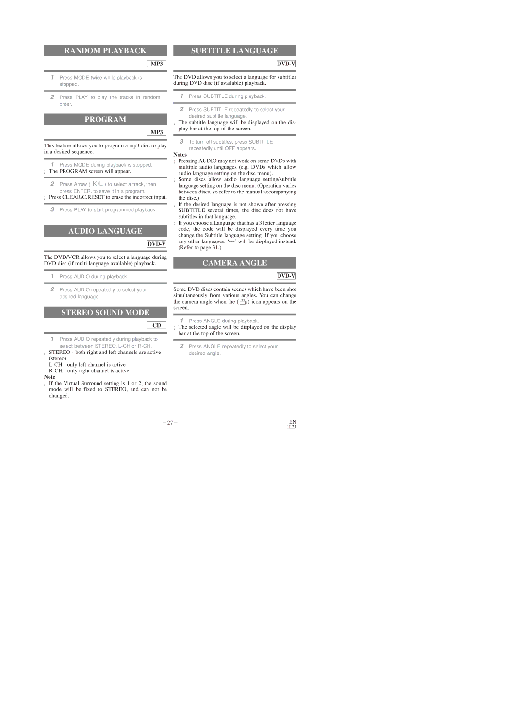 Emerson EWD2003 owner manual Subtitle Language, Program, Audio Language, Stereo Sound Mode, Camera Angle 